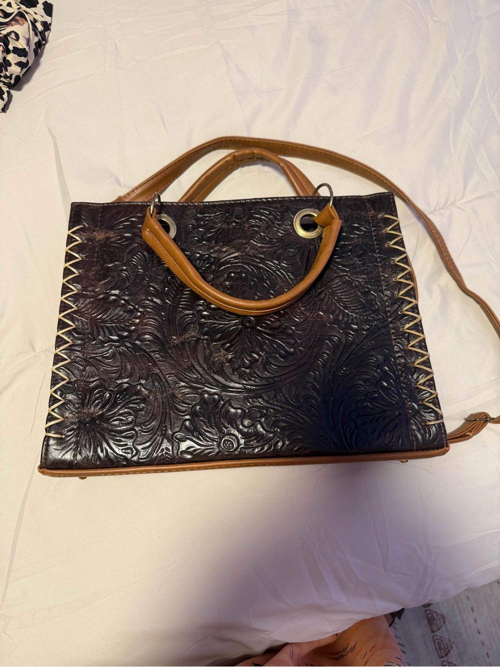 Embossed Floral Leather Tote in Dark Brown with Tan Trim